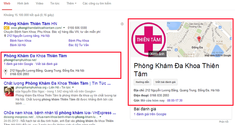 Kết quả hiển thị khác biệt trên google địa điểm
