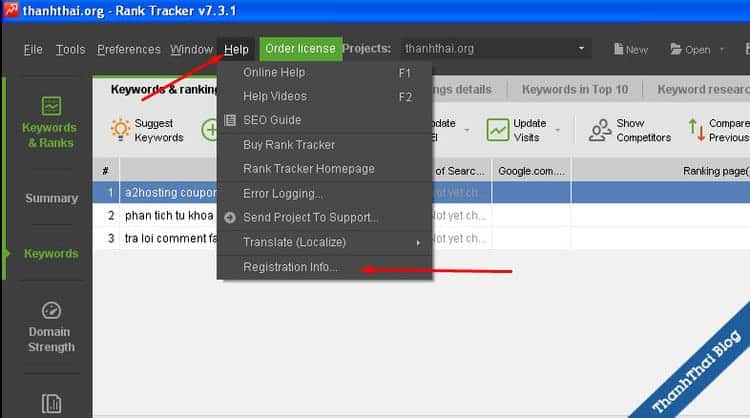 Tiền hánh đăng ký thông tin bản quyền cho rank tracker