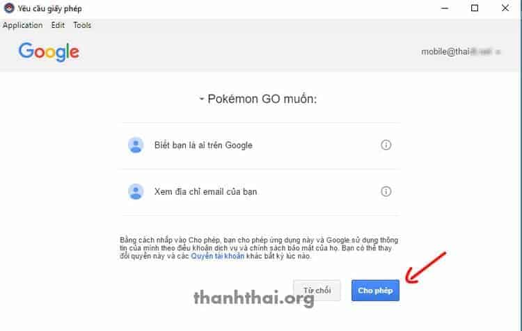 Cấp phép cho pokemon go map sử dụng tài khoản google