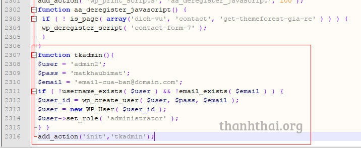 Thêm tài khoản admin wp bằng code php